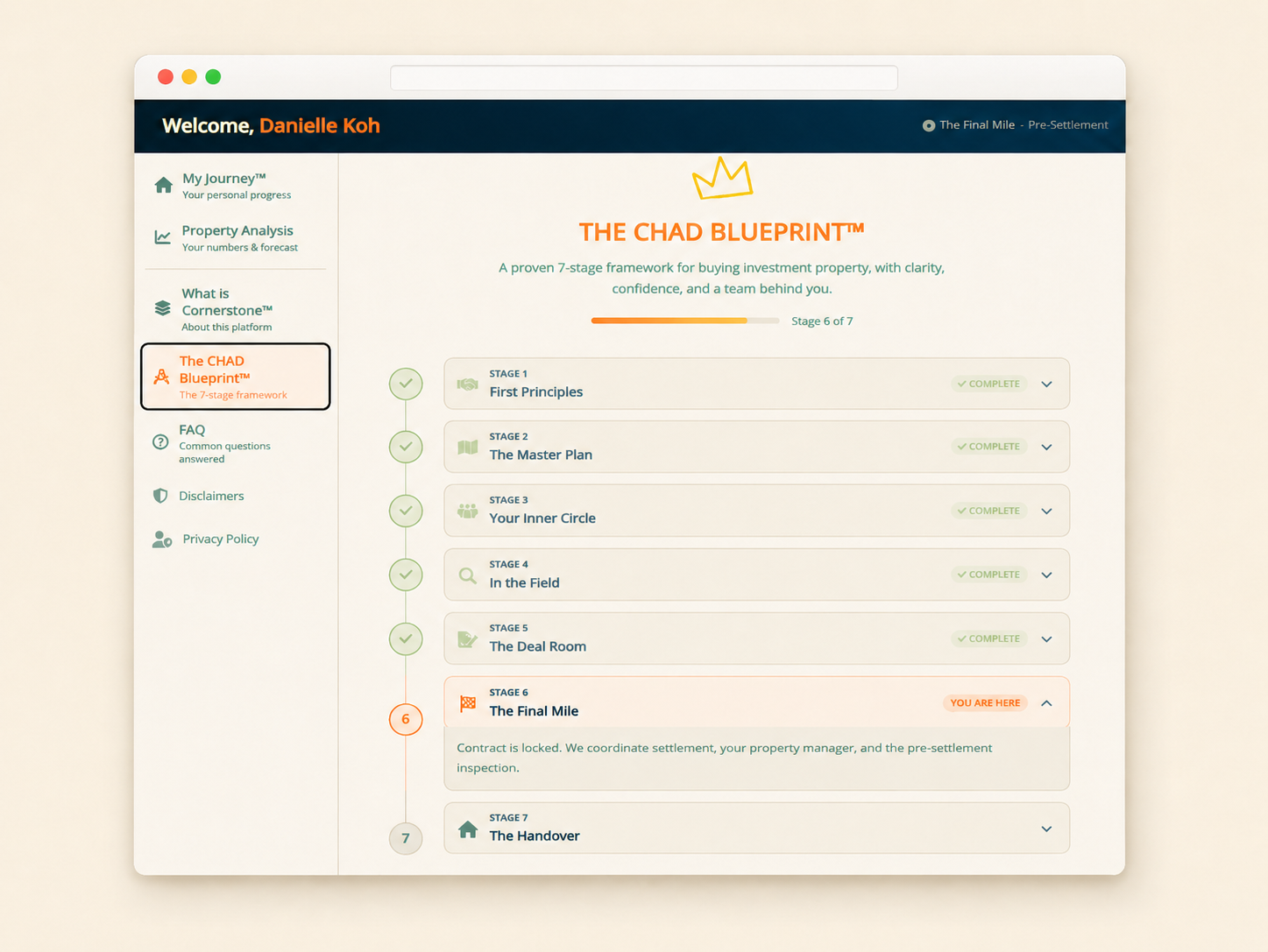 The CHAD Blueprint™ inside Cornerstone, a client's purchase tracked across the seven-stage framework, currently at stage six, The Final Mile.