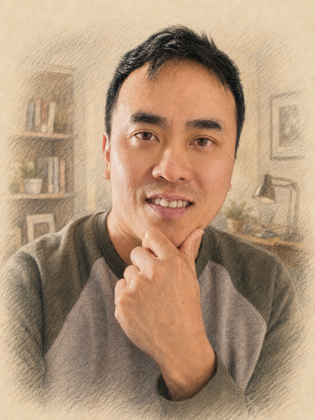 Pencil portrait of Dan in his home office